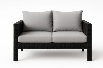 Outdoor 2-Seater Sofa Aluminium Frame with PE Wicker Rattan and Grey Polyester Cushions-Trinovela