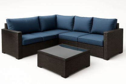 Outdoor L-Shaped Wicker Sofa Set with Blue Cushions and Glass Top Table-Trinovela