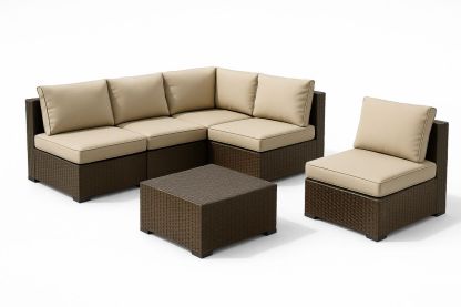 Outdoor Sectional Sofa Set Brown PE Rattan Beige Cushions-Trinovela