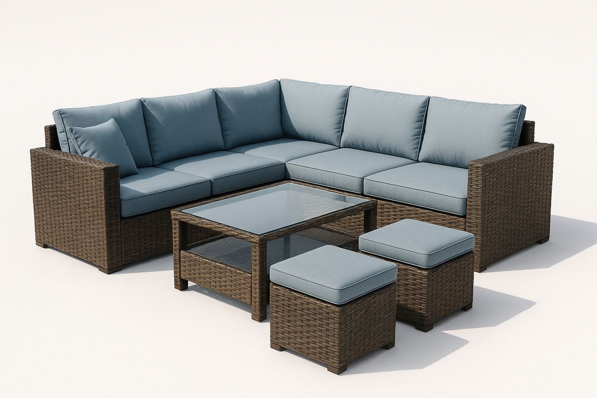 Outdoor Wicker Sofa Set with Cushions Blue and Glass Table-Trinovela