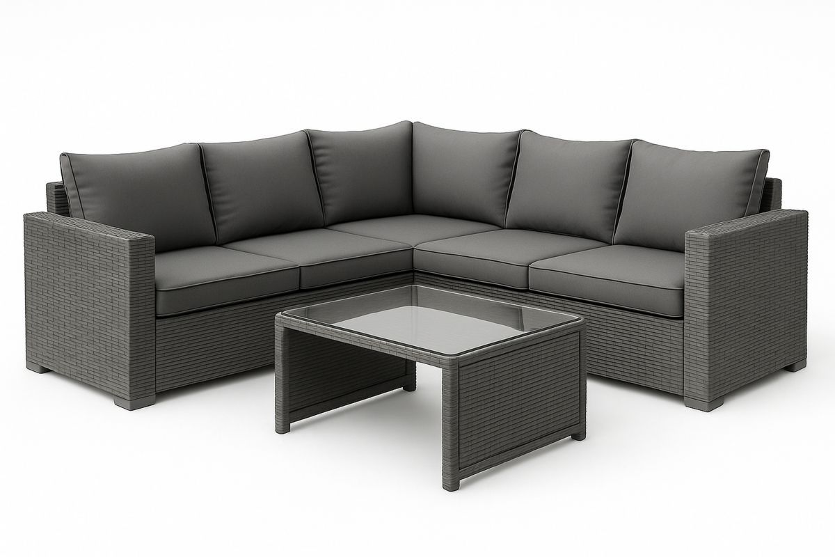 Outdoor Grey Rattan Corner Sofa Set with Tempered Glass Coffee Table-Trinovela