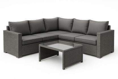 Outdoor Grey Rattan Corner Sofa Set with Tempered Glass Coffee Table-Trinovela