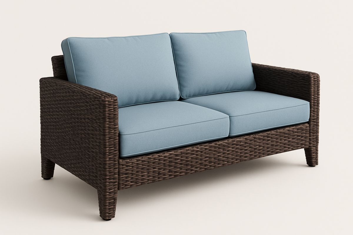 Rattan Sofa with Blue Cushions, Aluminium Frame, Polyethylene Wicker, 152x86x74cm-Trinovela