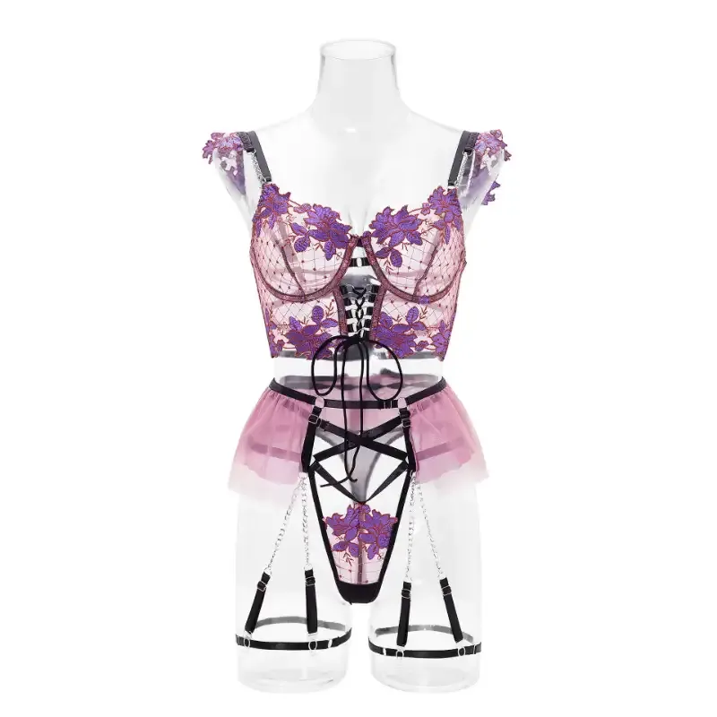Lace Embroidered Bralette Set Sheer Mesh Floral Underwear with Garter Straps Women's Lingerie Seductive Bra and Panty Set