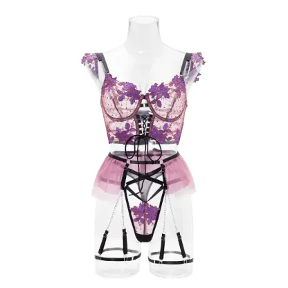 Lace Embroidered Bralette Set Sheer Mesh Floral Underwear with Garter Straps Women's Lingerie Seductive Bra and Panty Set