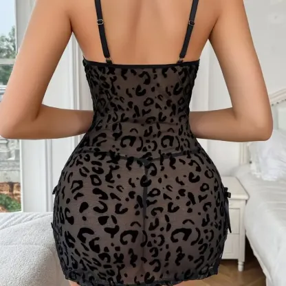 Leopard Print Babydoll Lingerie Set Sexy Sheer Mesh Nightgown Women's Sleeveless Slip Dress Lace Trim Sleepwear Teddy Romper for Valentine's Day