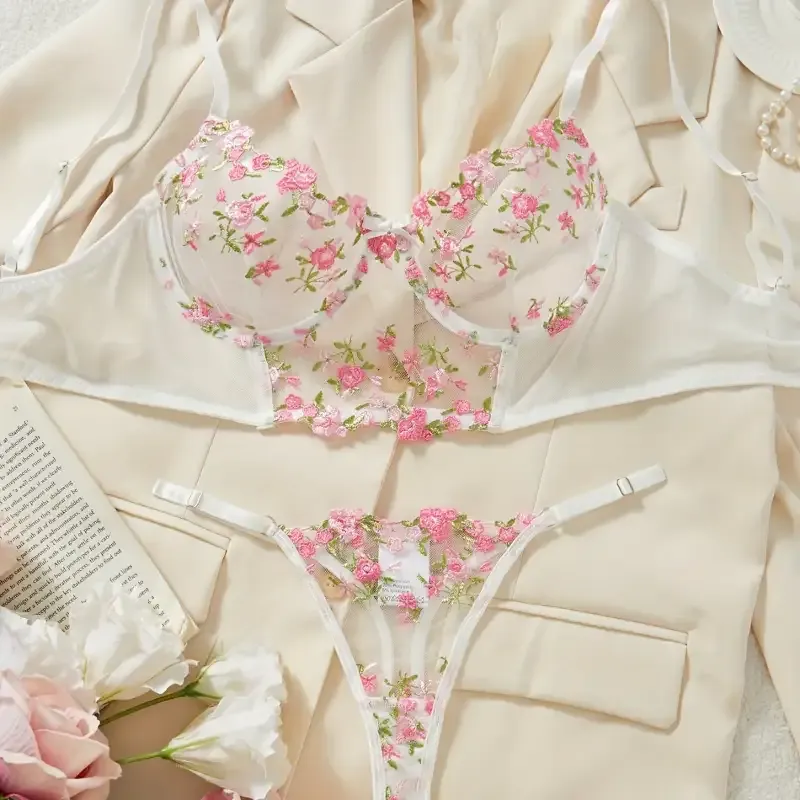 Sexy Lingerie Set White Floral Lace Babydoll Teddy with G-String and Bra for Women Romantic Intimate Wear