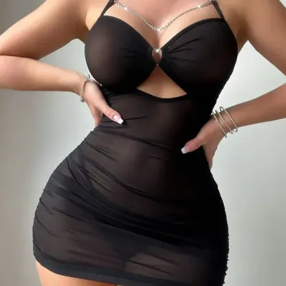 Sheer Mesh Halter Neck Bodycon Mini Dress and G String Lingerie Set Sexy Backless Sleeveless Club Dress for Women Party Night Out