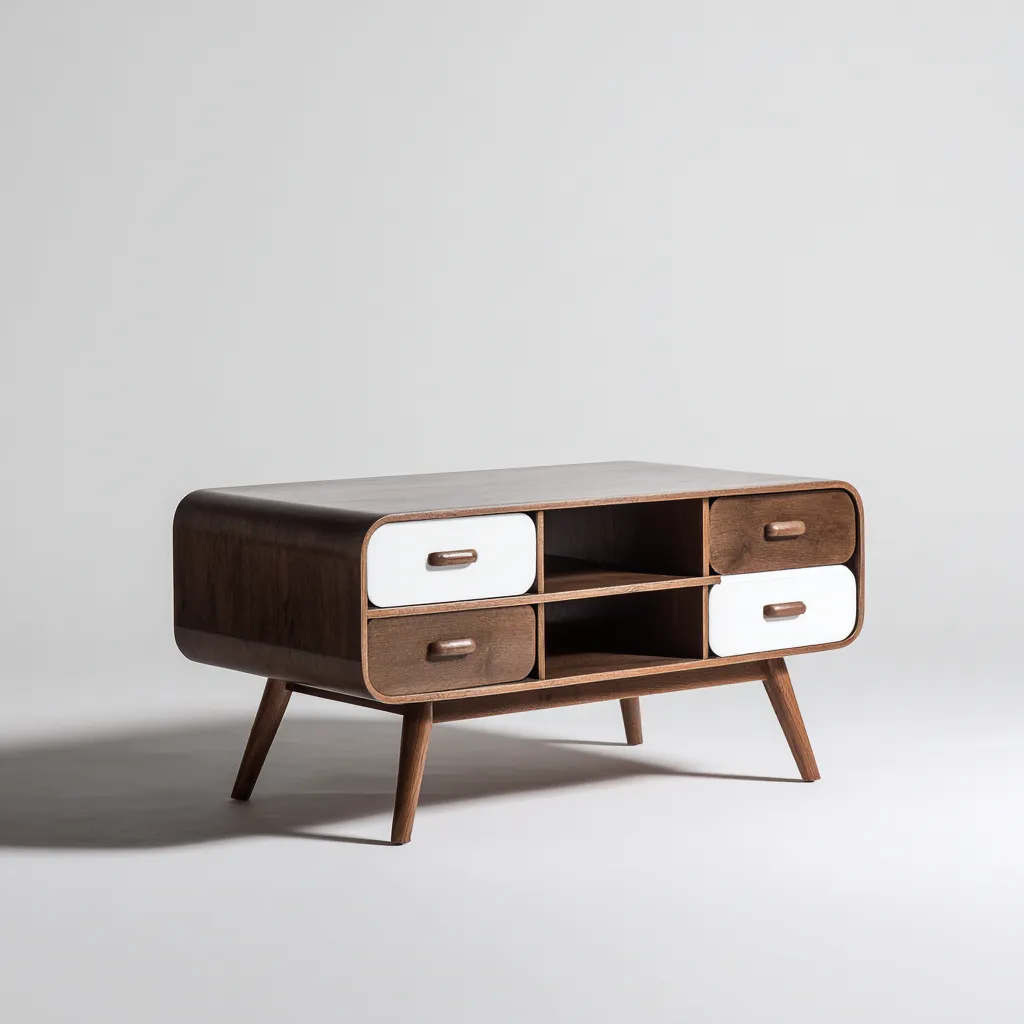 Meuble TV - bois - 120x45x50 cm - marron - blanc - salon - design rétro-Interiorvo