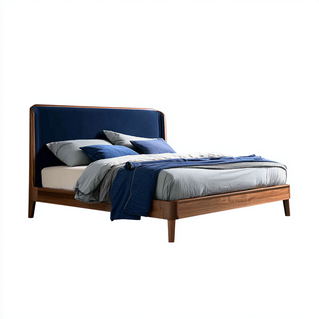 Lit double - bois massif et tête de lit tissu - 208x166x107 cm - noyer - bleu foncé - pour chambre - design moderne-Interiorvo
