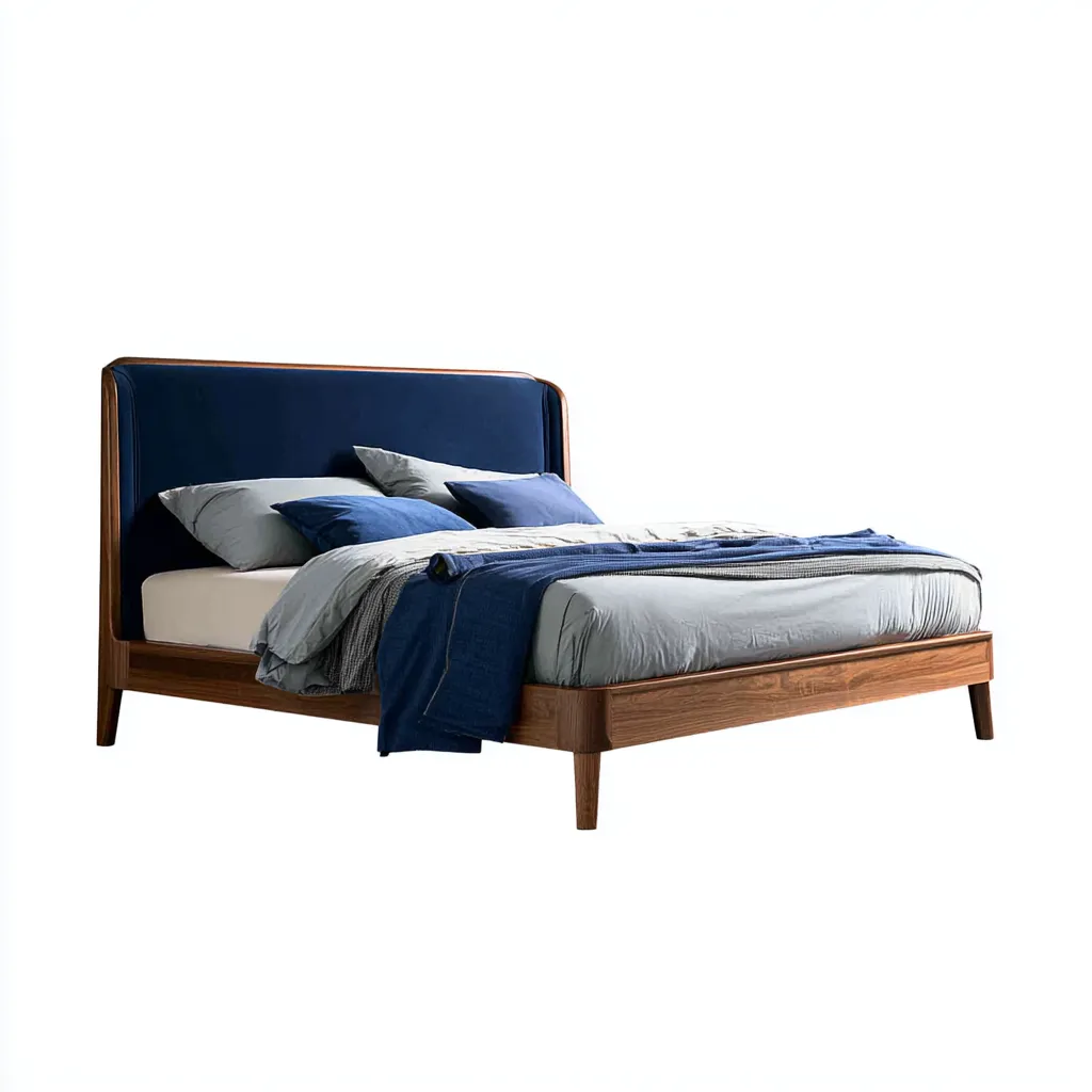 Lit double - bois massif et tête de lit tissu - 208x166x107 cm - noyer - bleu foncé - pour chambre - design moderne-Interiorvo