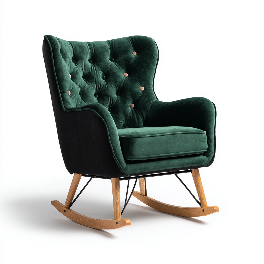Fauteuil à bascule - métal - velours - 95x70x95 cm - vert - noir - bois naturel - salon - design moderne-Interiorvo