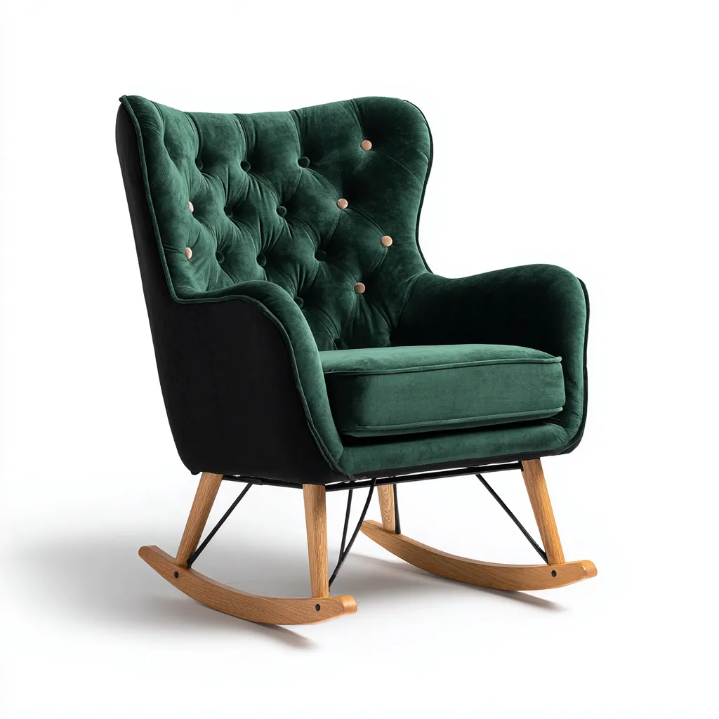 Fauteuil à bascule - métal - velours - 95x70x95 cm - vert - noir - bois naturel - salon - design moderne-Interiorvo