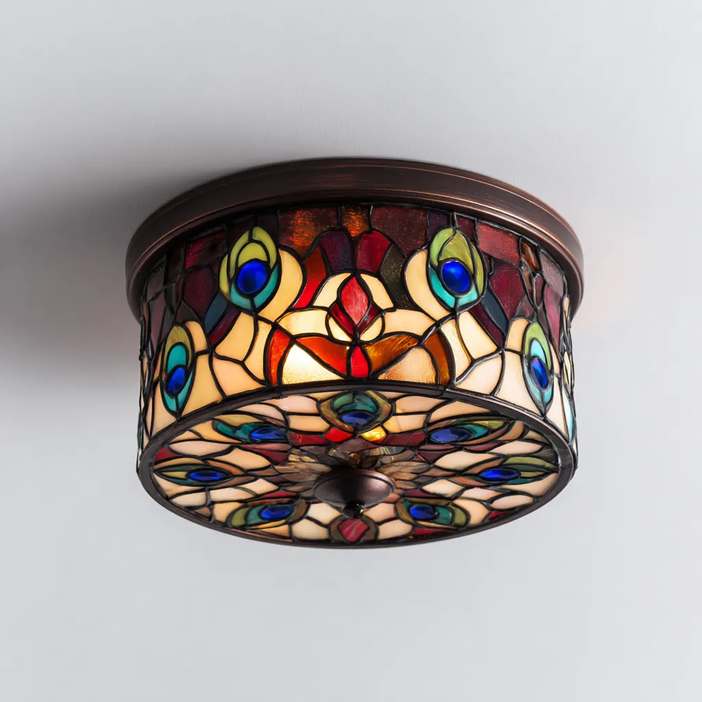 Plafonnier - métal - verre teinté - 35x35 cm - multicolore - bronze - pour salon - design classique-Interiorvo