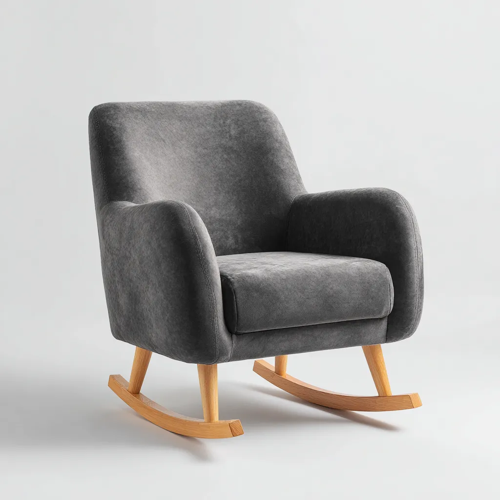 Fauteuil à bascule - bois - velours - 95x70x90 cm - gris - bois naturel - salon - design moderne-Interiorvo