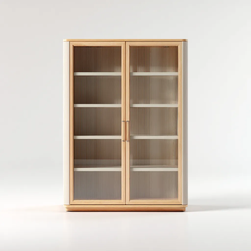 Vitrine bois - verre 100x40x150 cm bois clair adapté à la cuisine design moderne-Interiorvo