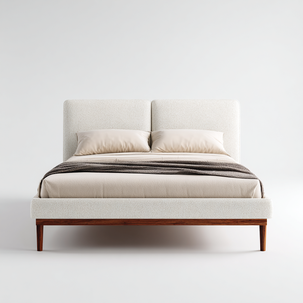 Lit double - bois massif et tissu - 208x168x108 cm - noyer - blanc - pour chambre - design moderne-Interiorvo