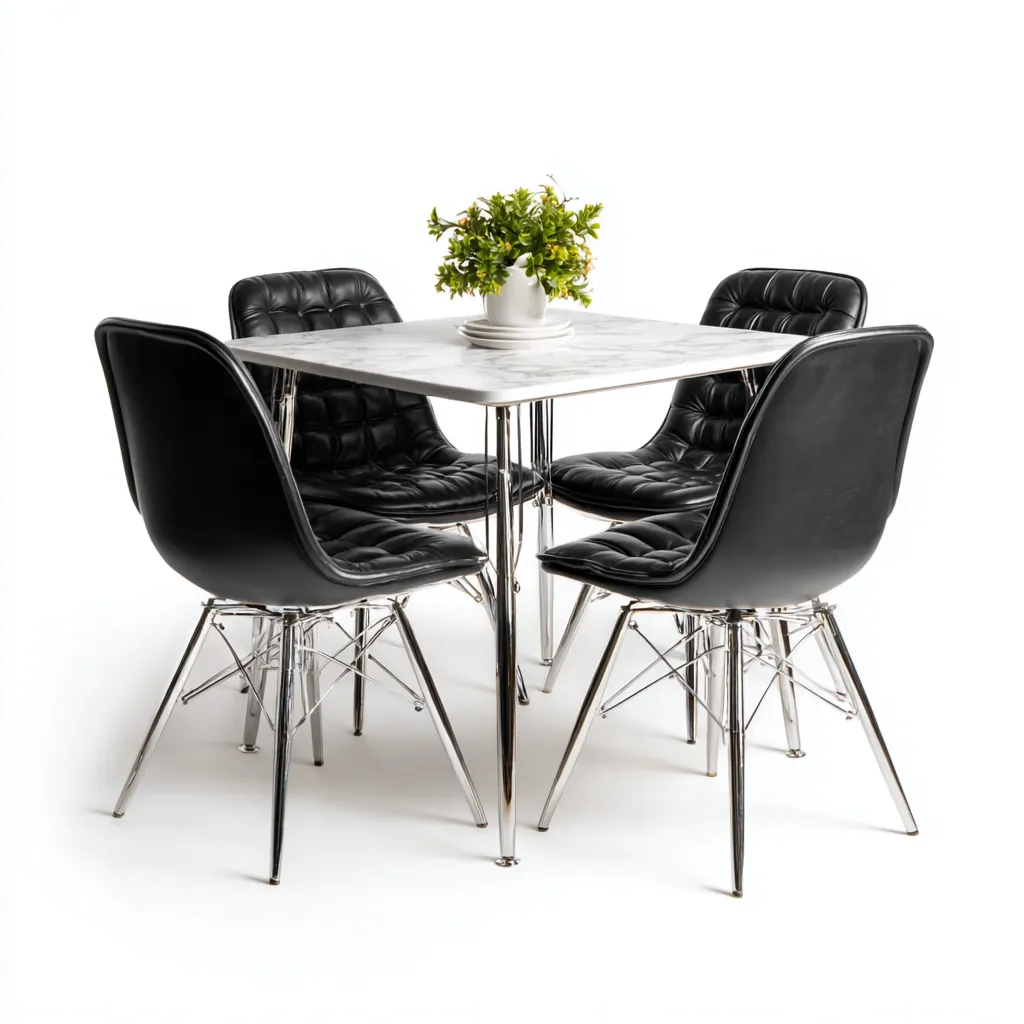 Ensemble table et chaises plateau marbre 110x110x75 cm - blanc - noir - pour salle à manger - style moderne contemporain-Interiorvo