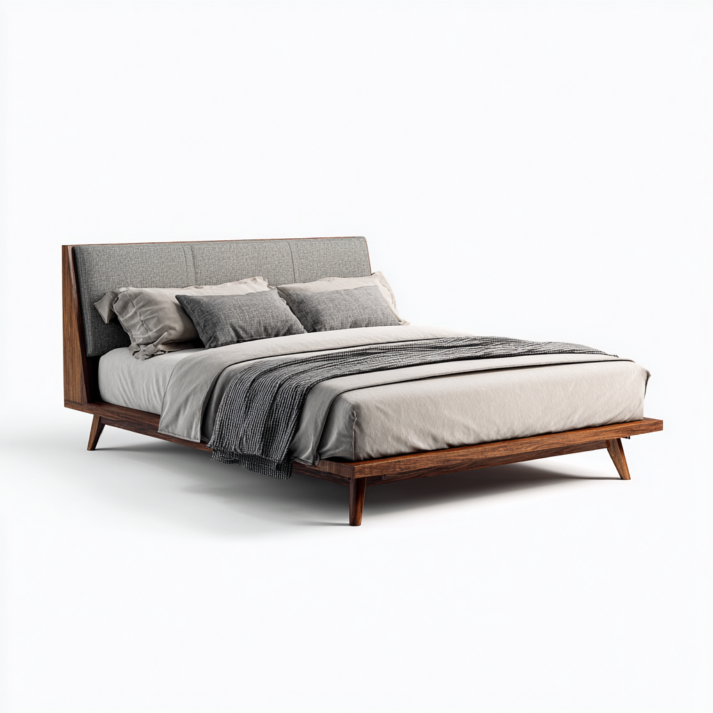 Lit double - bois et tissu - 210x165x95 cm - brun - gris - pour chambre - design moderne-Interiorvo