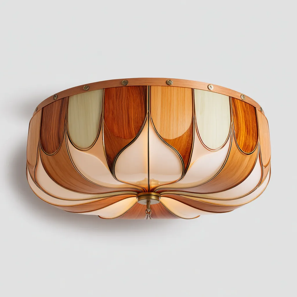 Plafonnier verre 48x48 cm - bois - crème - pour salon - style art déco-Interiorvo