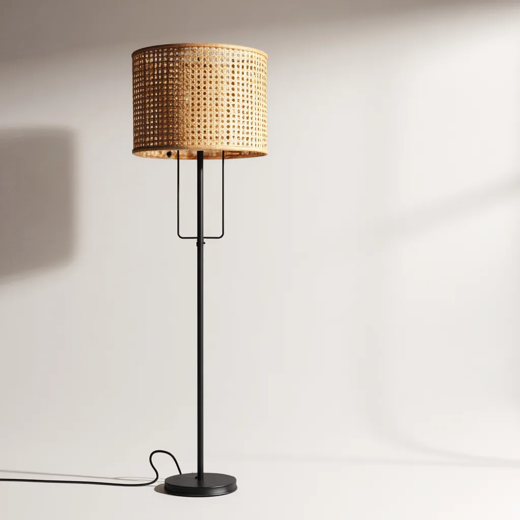 Lampadaire métal et abat-jour tressé 33x33x159 cm - marron clair - noir - pour salon - style naturel moderne-Interiorvo