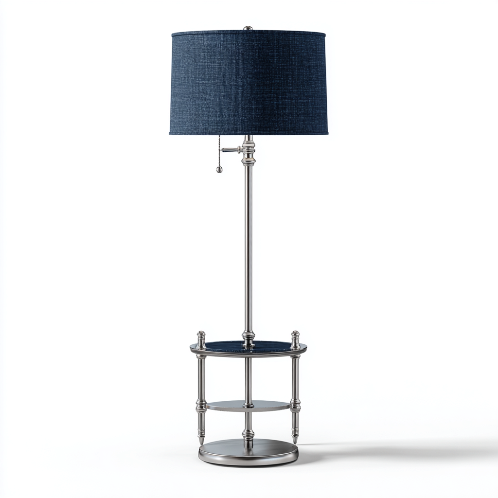 Lampadaire tissu et métal 36x36x165 cm - bleu foncé - argent - pour salon - design avec tablette intégrée-Interiorvo
