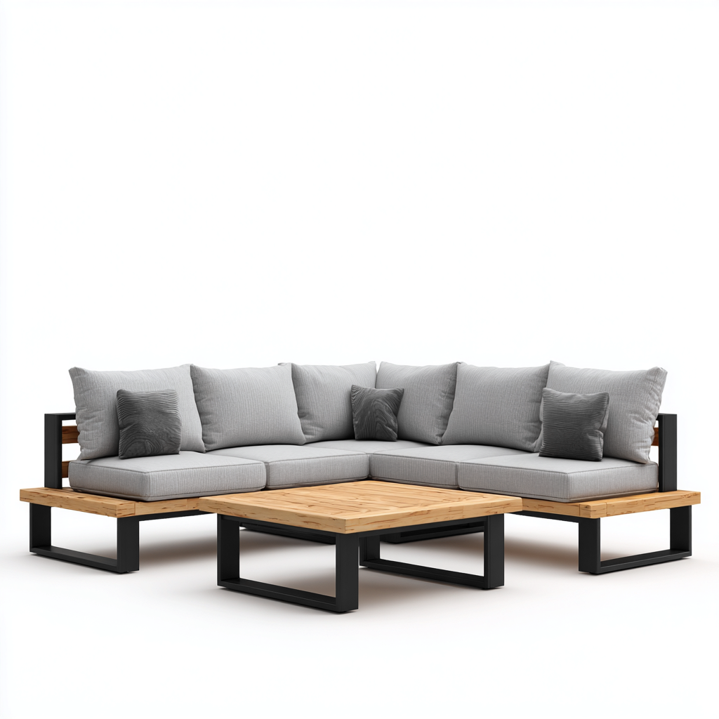 Canapé de jardin métal - bois - tissu 260x260x70 cm gris adapté au jardin design moderne-Interiorvo