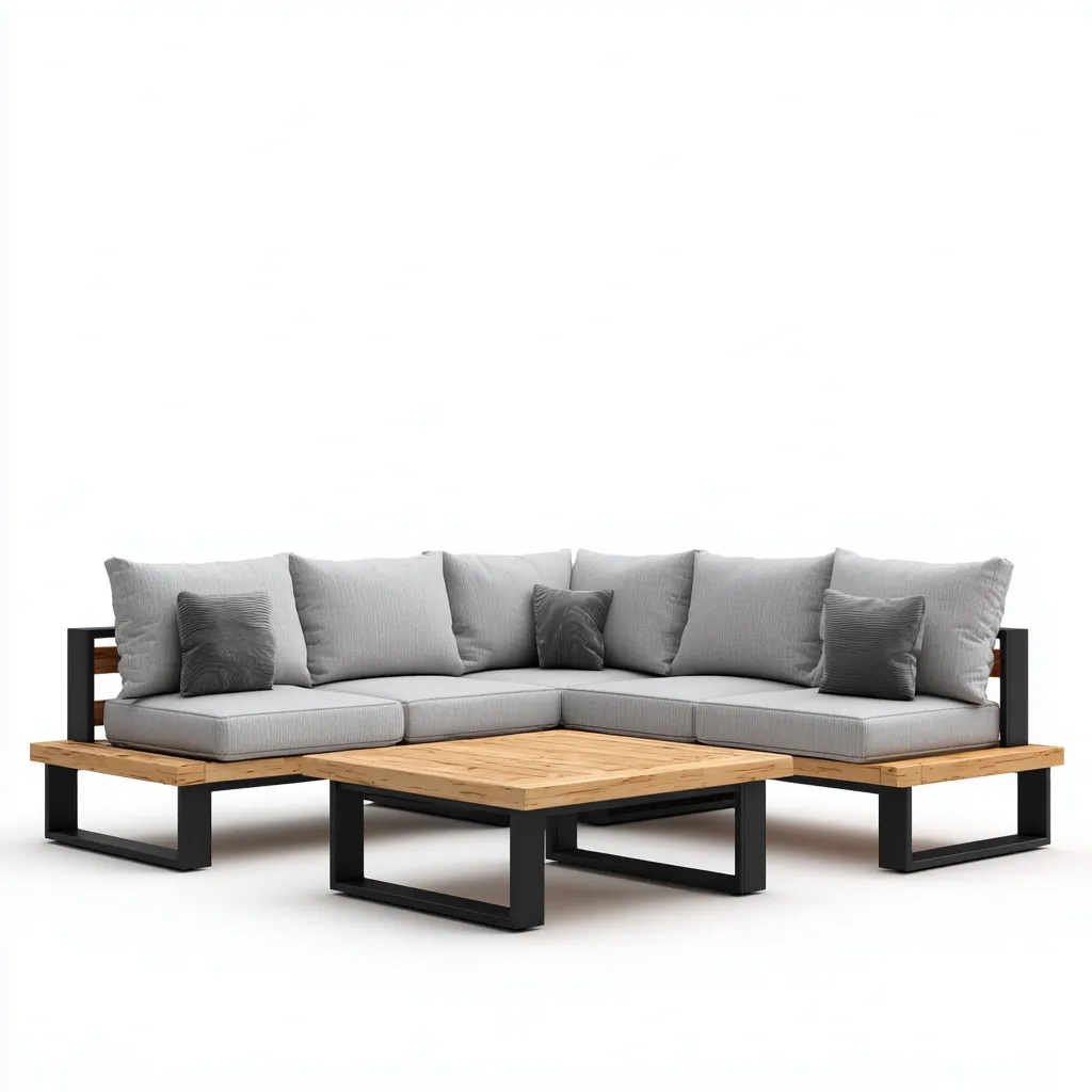 Canapé de jardin métal - bois - tissu 260x260x70 cm gris adapté au jardin design moderne-Interiorvo