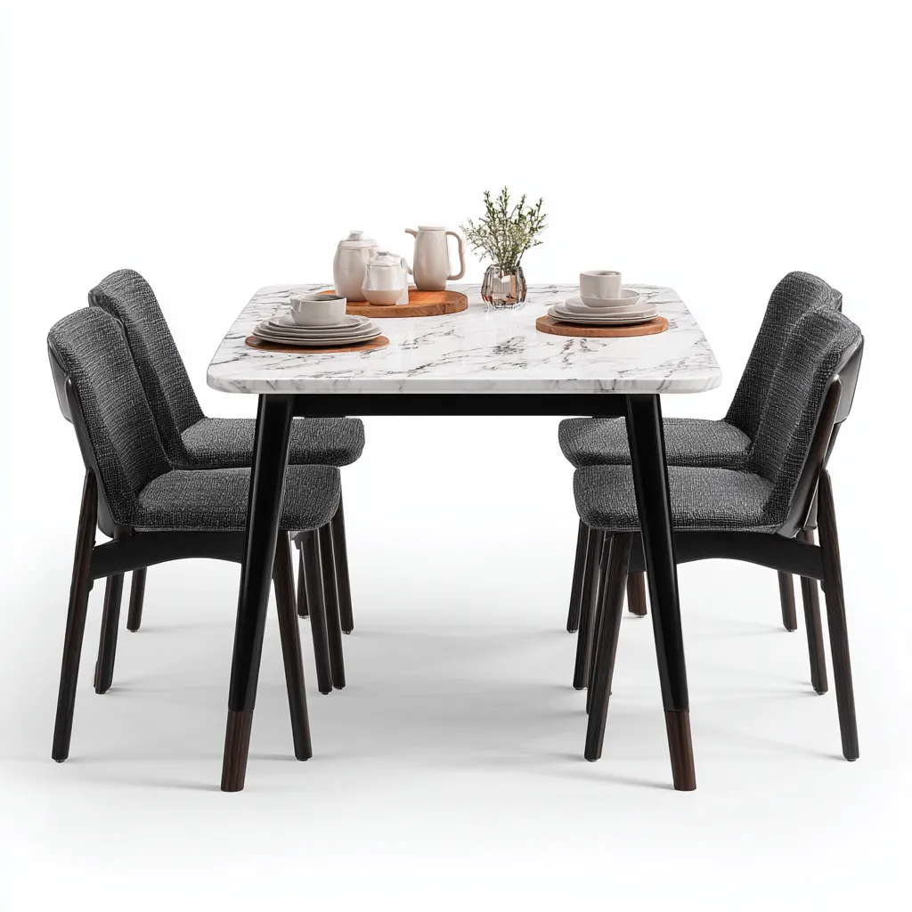 Ensemble table et chaises plateau marbre 150x85x75 cm - noir - gris - pour salle à manger - style moderne élégant-Interiorvo