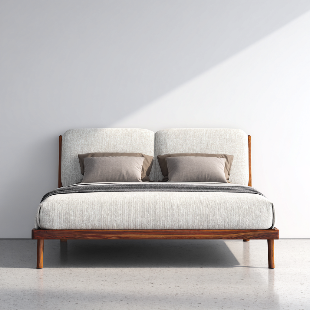 Lit double - bois massif et tissu - 208x168x105 cm - noyer - blanc - pour chambre - design moderne-Interiorvo