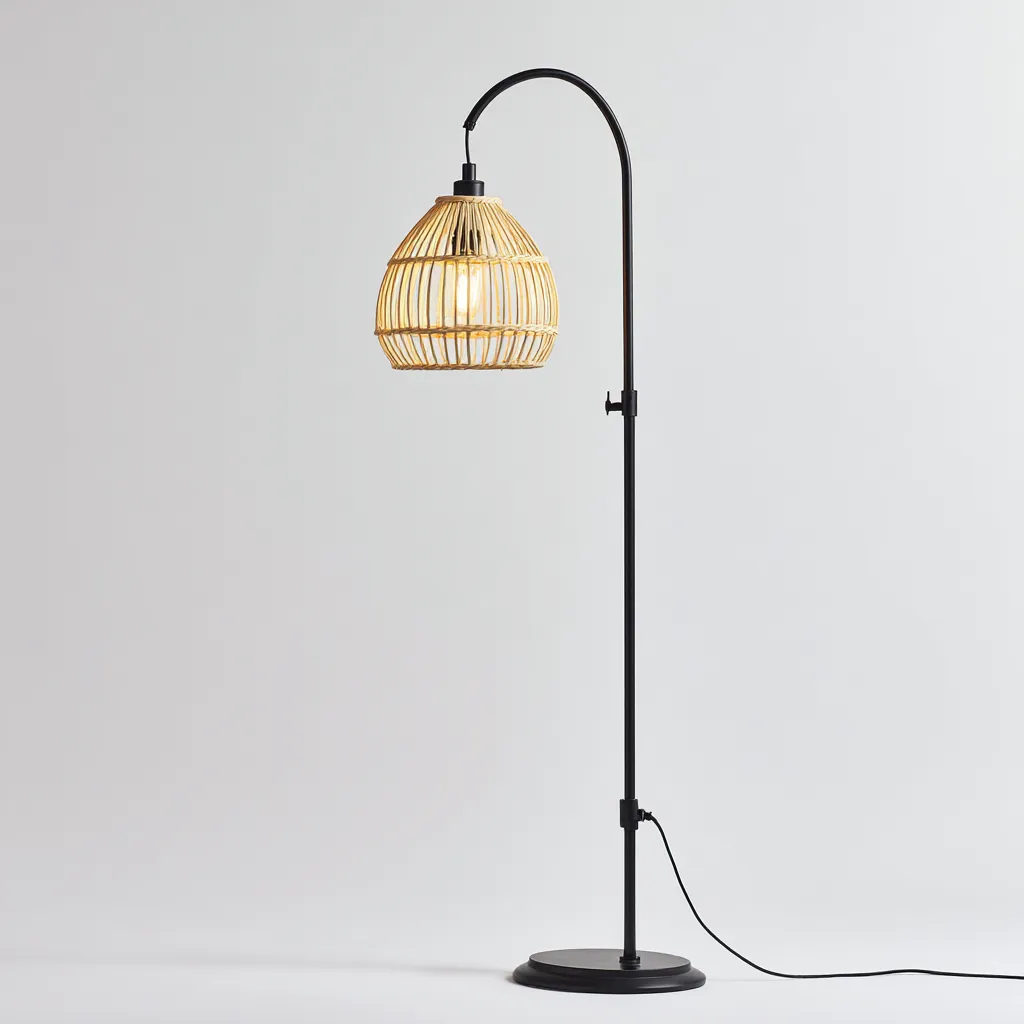 Lampadaire - métal - rotin - 32x28x165 cm - noir - naturel - pour salon - design moderne-Interiorvo