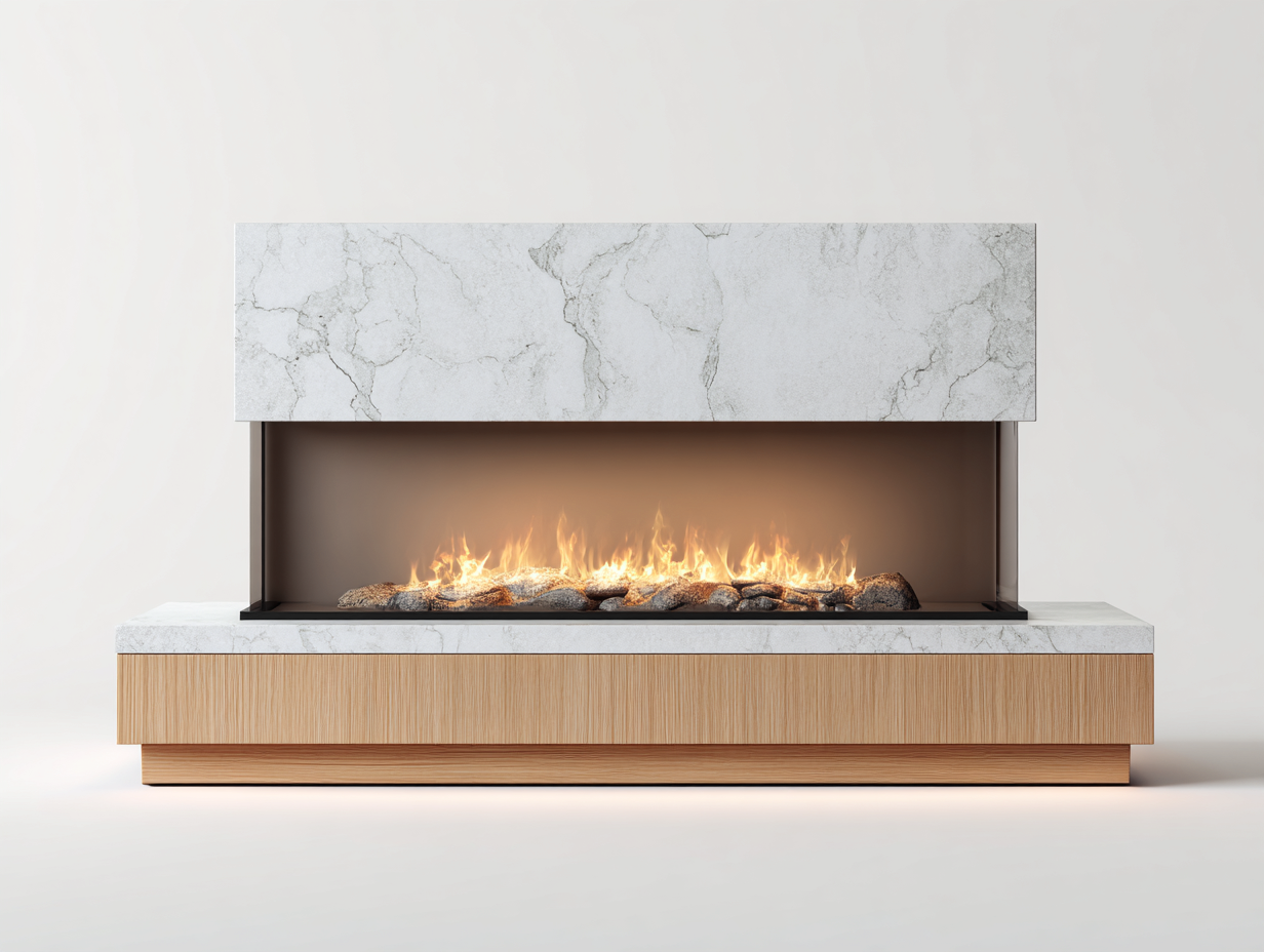 Caminetto elettrico marmo/legno 140x40x95 cm - bianco/legno - adatto al soggiorno - design moderno-Graceota