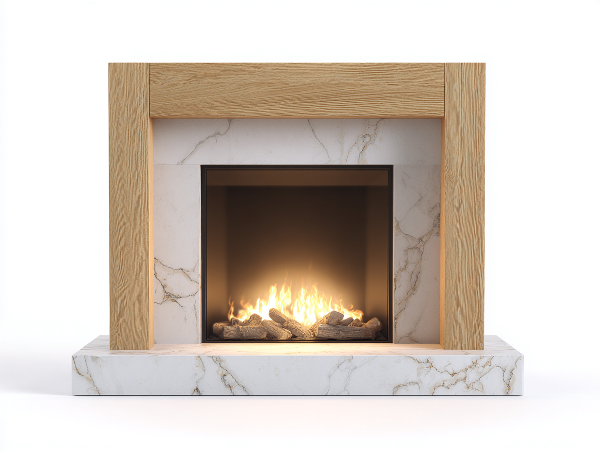 Caminetto elettrico marmo/legno 110x35x100 cm - bianco/legno - adatto al soggiorno - design moderno-Graceota