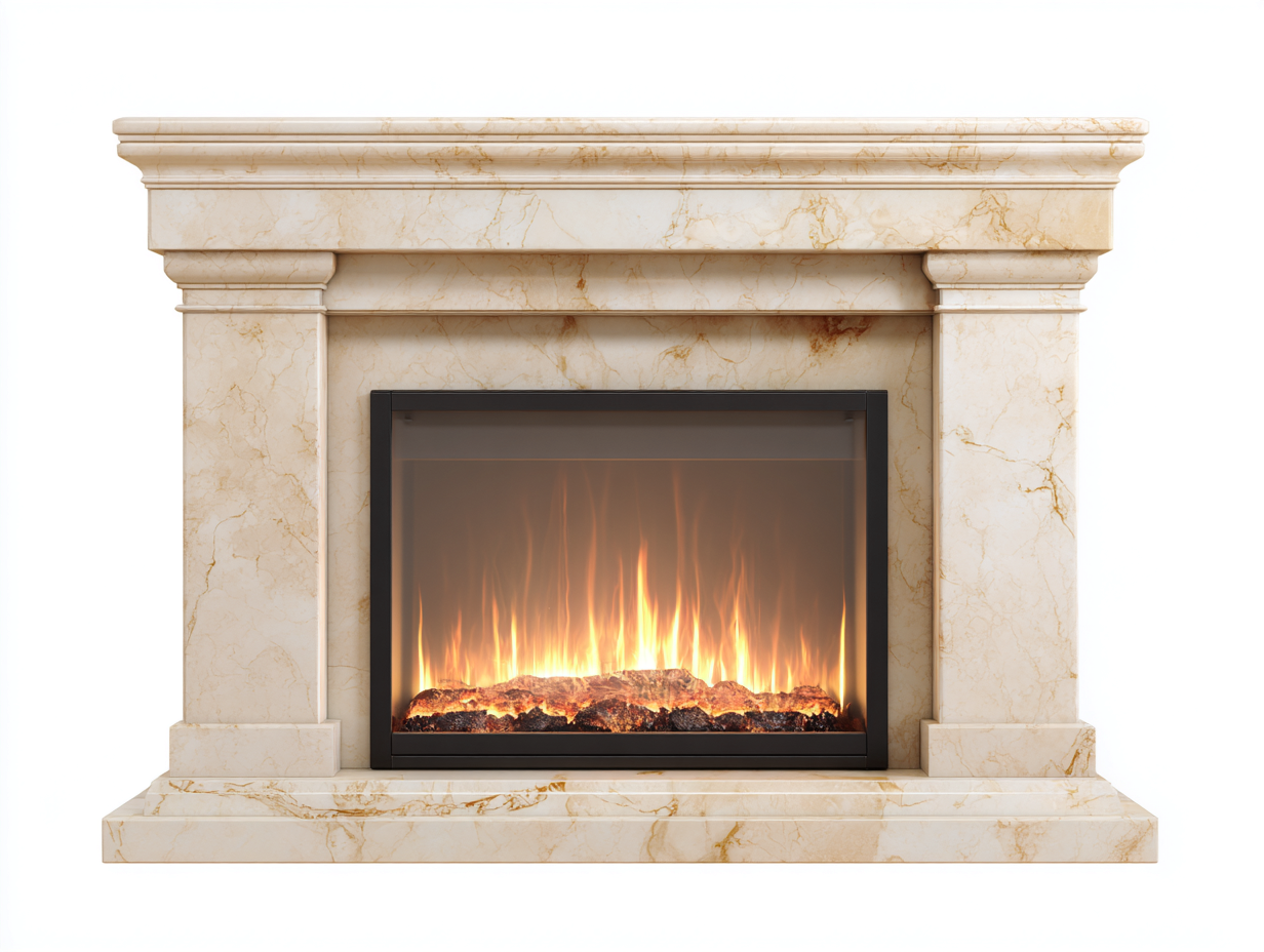 Caminetto elettrico in marmo - 150x28x110 cm - crema - per soggiorno - design classico-Graceota