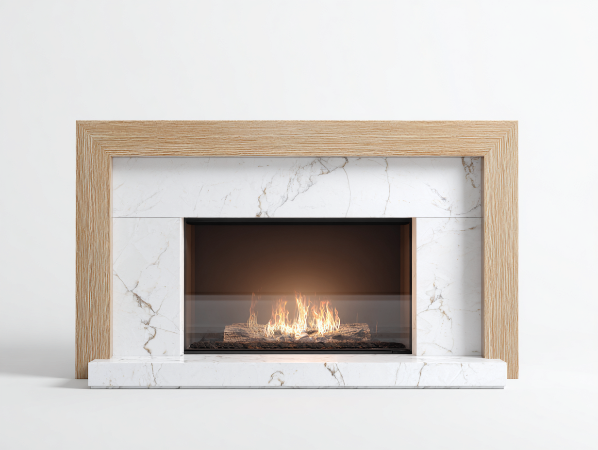 Caminetto elettrico in marmo e legno - 140x25x90 cm - bianco/legno chiaro - per soggiorno - design moderno-Graceota