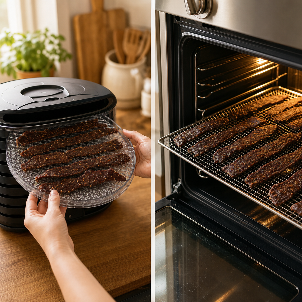 Step 5: Transfer to a dehydrator set to 130–140°F (or keep in the oven set to 160°F with the door slightly ajar). Dry the strips, rotating trays as needed, until they bend and crack but don’t snap—typically 6–10 hours depending on thickness.