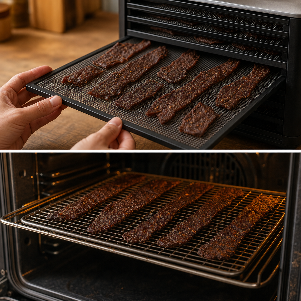 Step 3: Now transfer the beef strips to your dehydrator set to 130–140°F, or keep them on the rack in a 160°F oven with the door slightly ajar. Dry until the jerky bends and cracks but doesn’t snap—typically 4–8 hours depending on strip thickness.