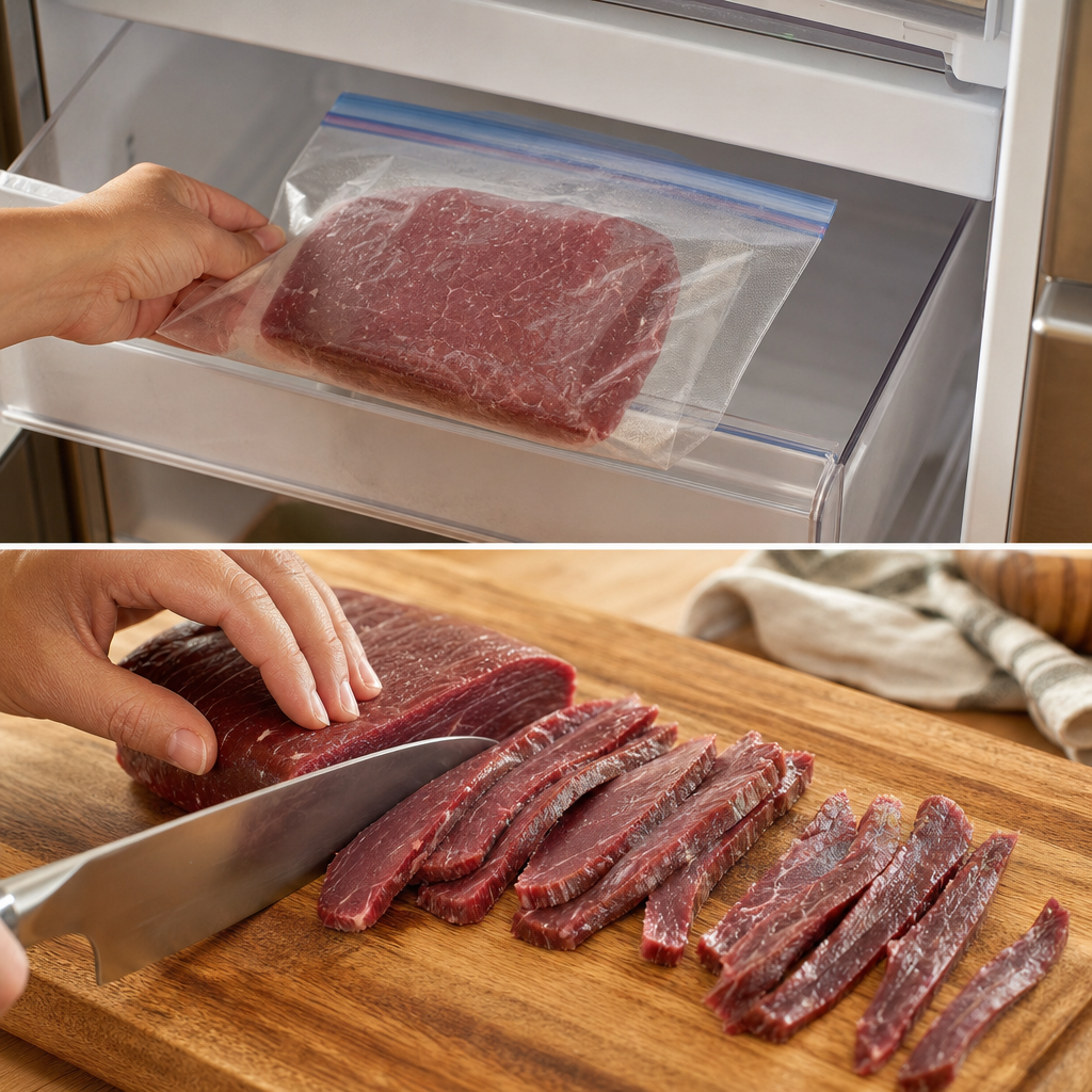 Step 1: For easy slicing, partially freeze beef for about 30 minutes. Cut across the grain into strips about 1/8 to 1/4 inch thick.