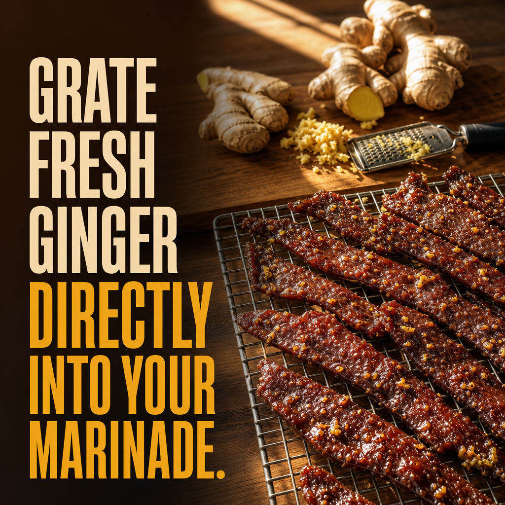 Teriyaki beef jerky strips with visible ginger flecks on a wire rack, fresh ginger root and a grater beside, warm sun highlighting their gloss.