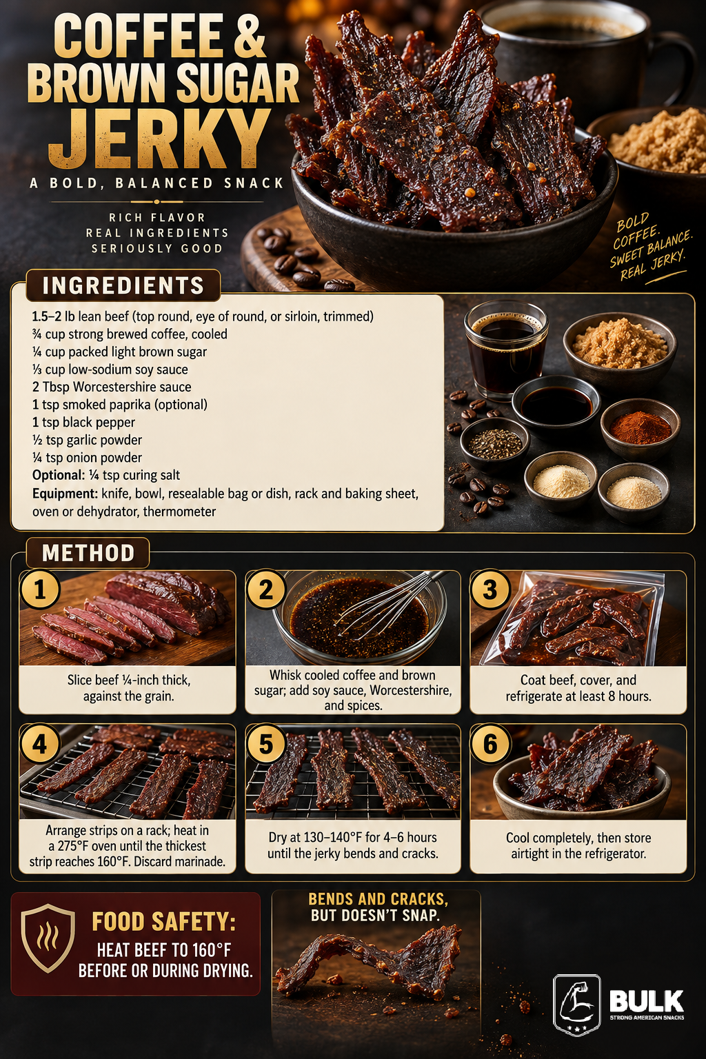 Coffee and brown sugar jerky recipe infographic with ingredients, six method steps, food safety guidance, and storage texture cue.