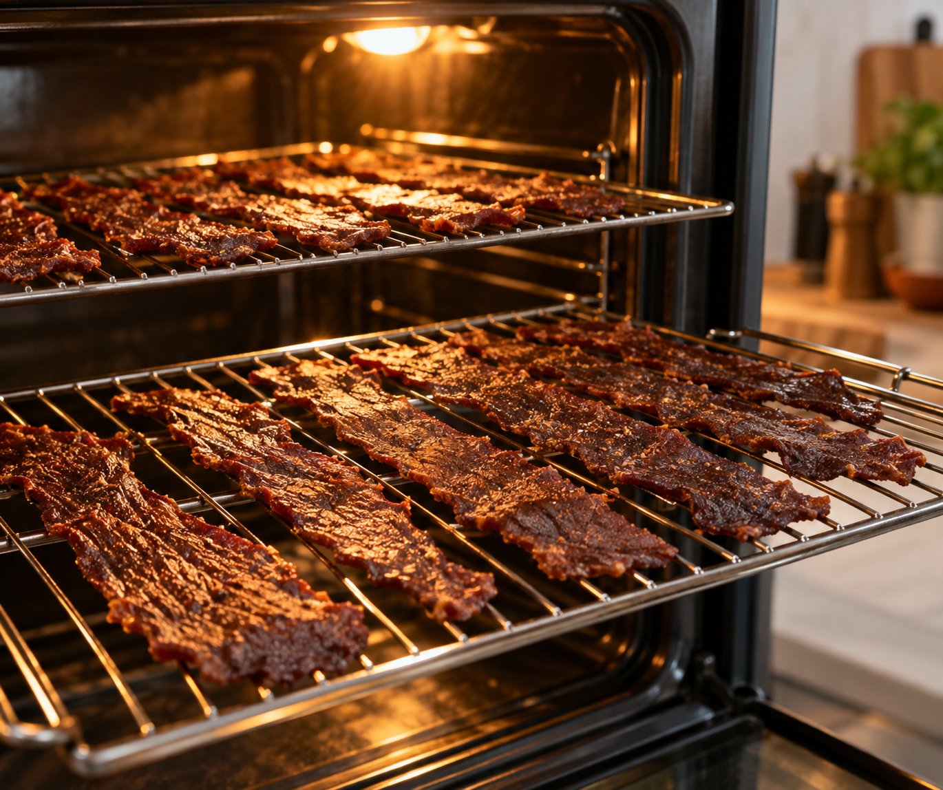 Finished homemade beef jerky drying on oven racks