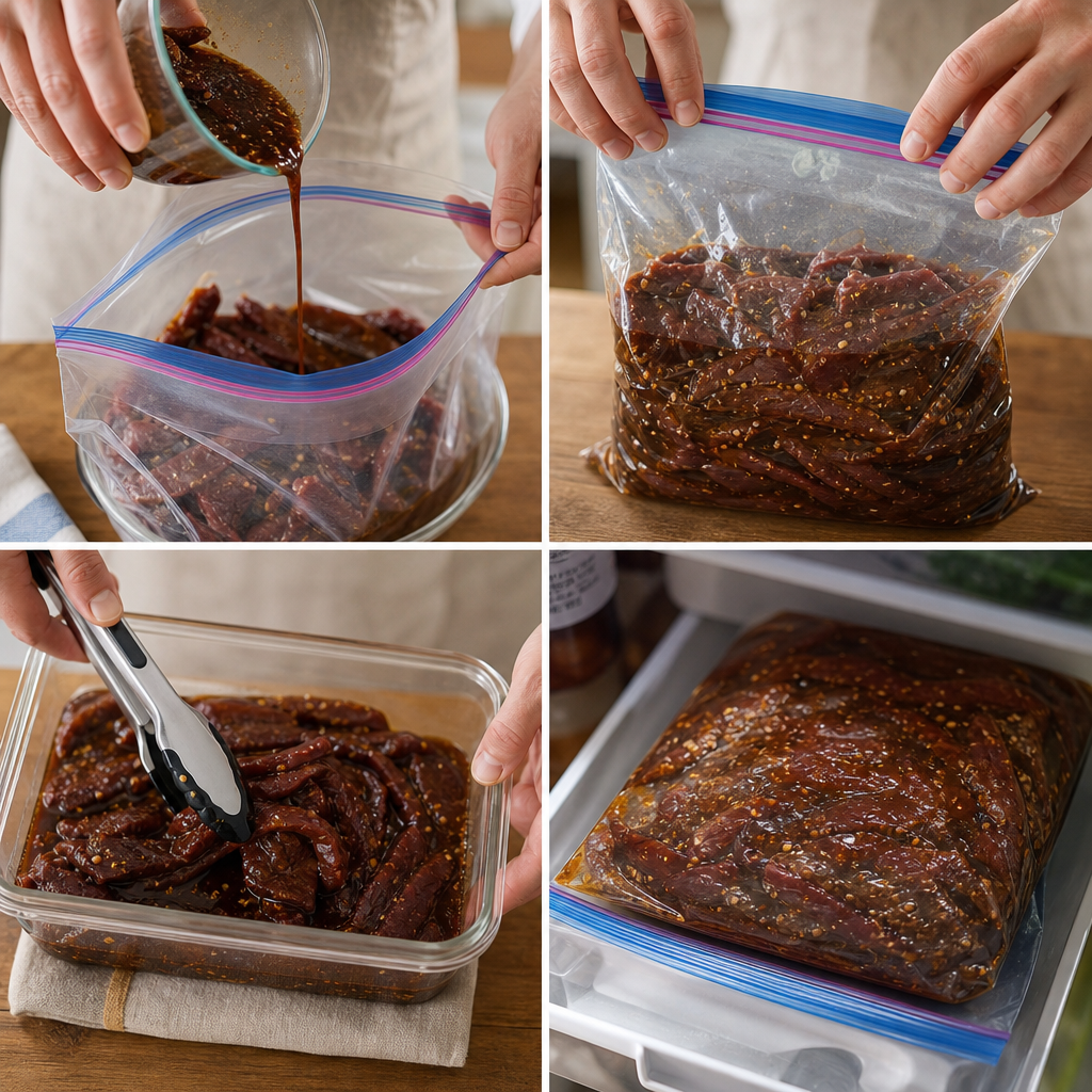 Step 2: Place strips in a large resealable bag or dish. Pour the marinade over, ensuring all meat is coated. Seal and refrigerate for 12–18 hours, flipping once or twice.