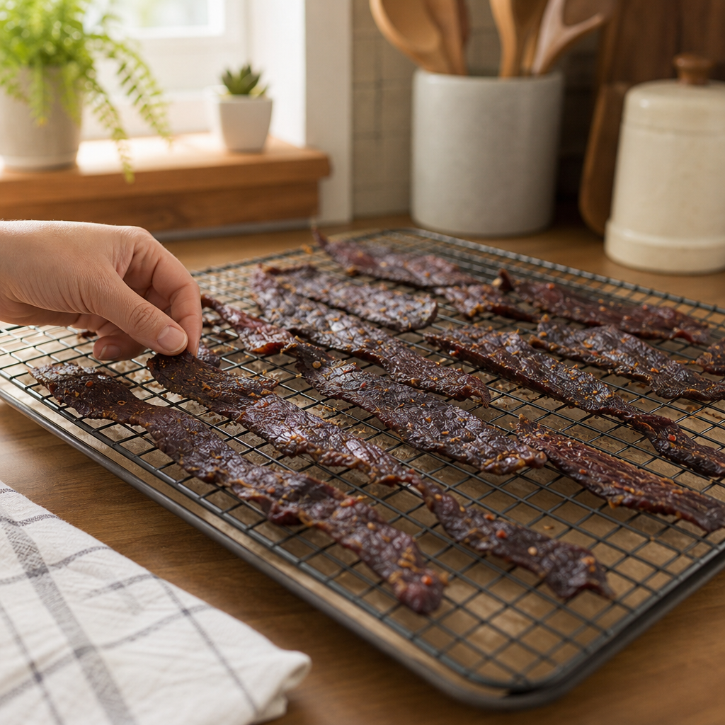 Step 4: Let the jerky cool completely on racks before storage.

**Food safety note:** Always marinate in the refrigerator, discard used marinade, and ensure beef reaches 160°F before or during drying. ([USDA Jerky Guidance](https://www.fsis.usda.gov/food-safety/safe-food-handling-and-preparation/meat-fish/jerky?utm_source=openai))