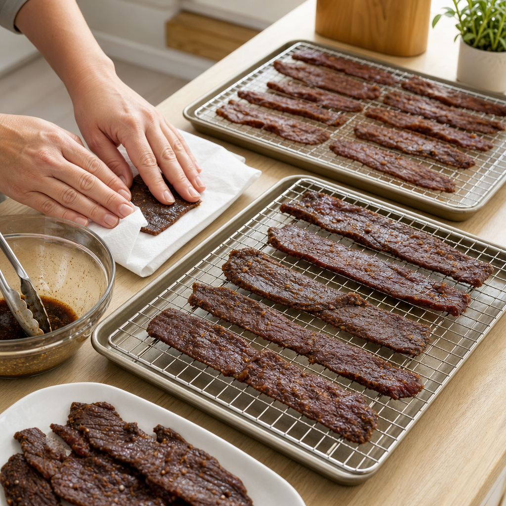 Step 1: After marinating, drain the beef and blot the strips dry with clean towels. Lay them in a single, non-overlapping layer on racks over baking sheets (or dehydrator trays).