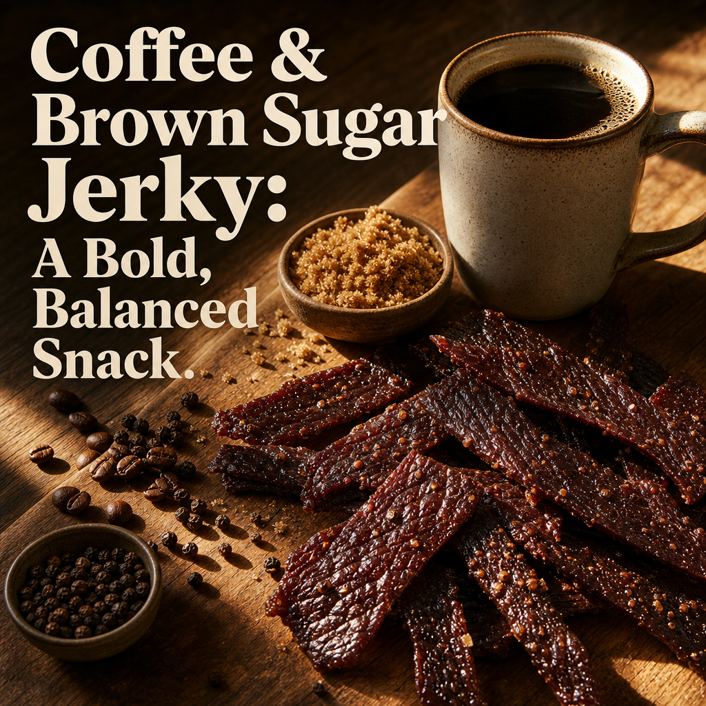 Coffee and brown sugar beef jerky strips on a wooden board with a mug of coffee and spoonful of brown sugar in warm natural light.