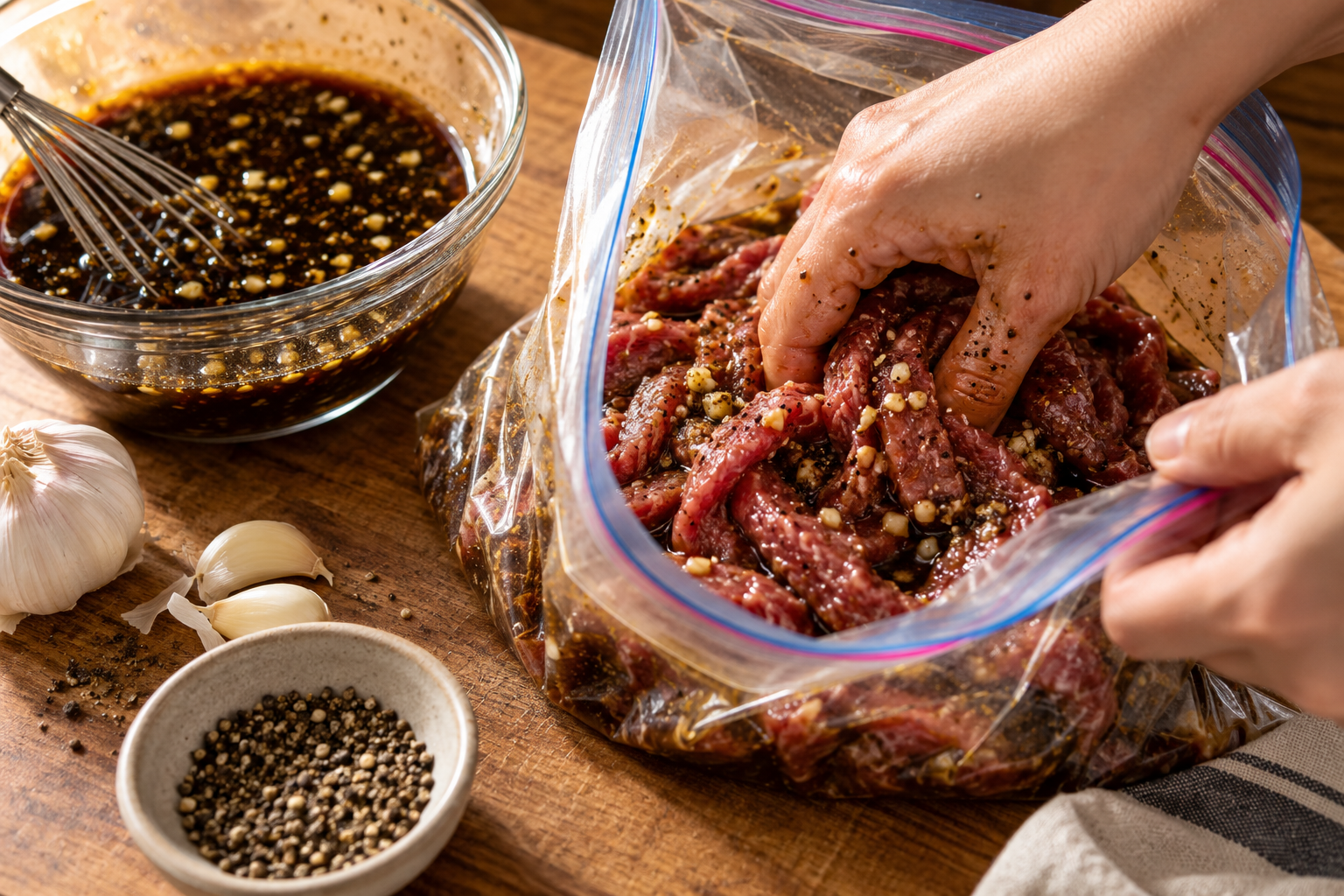 Step 2: Whisk the marinade ingredients, coat the beef, cover, and refrigerate overnight.
