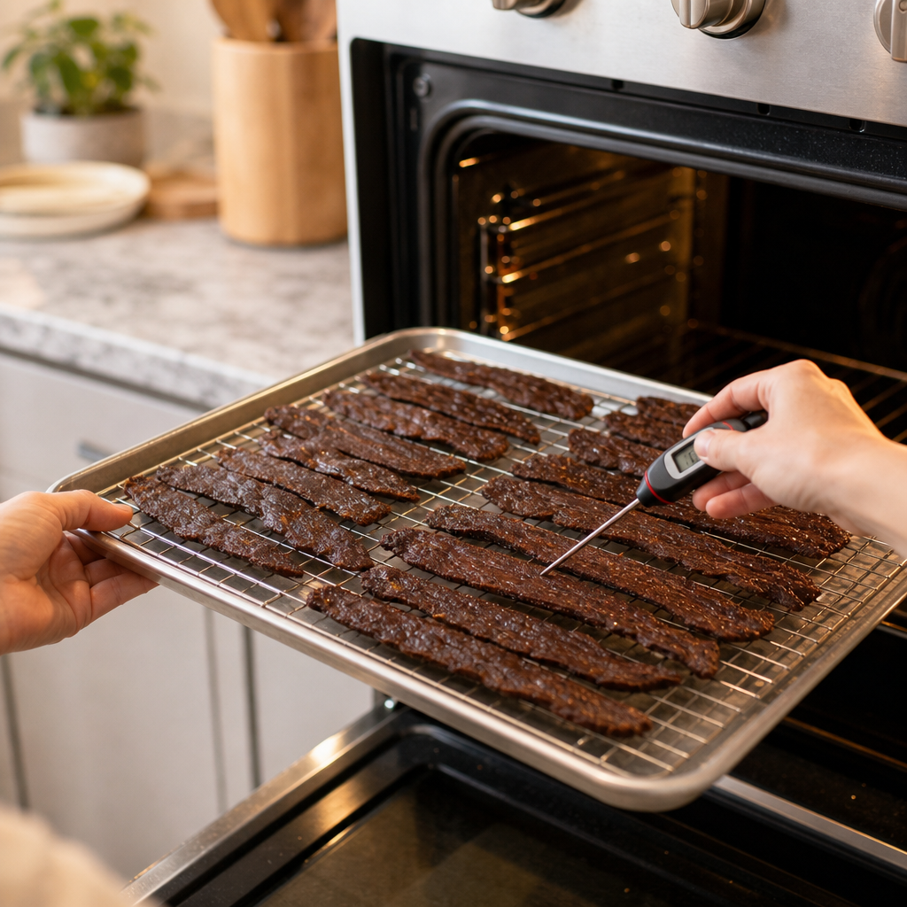 Step 2: **Food safety step:** Arrange strips on a wire rack over a baking sheet. Preheat your oven to 275°F. Bake the strips until an instant-read thermometer shows an internal temp of 160°F in the thickest piece. (This usually takes 10–15 minutes.)