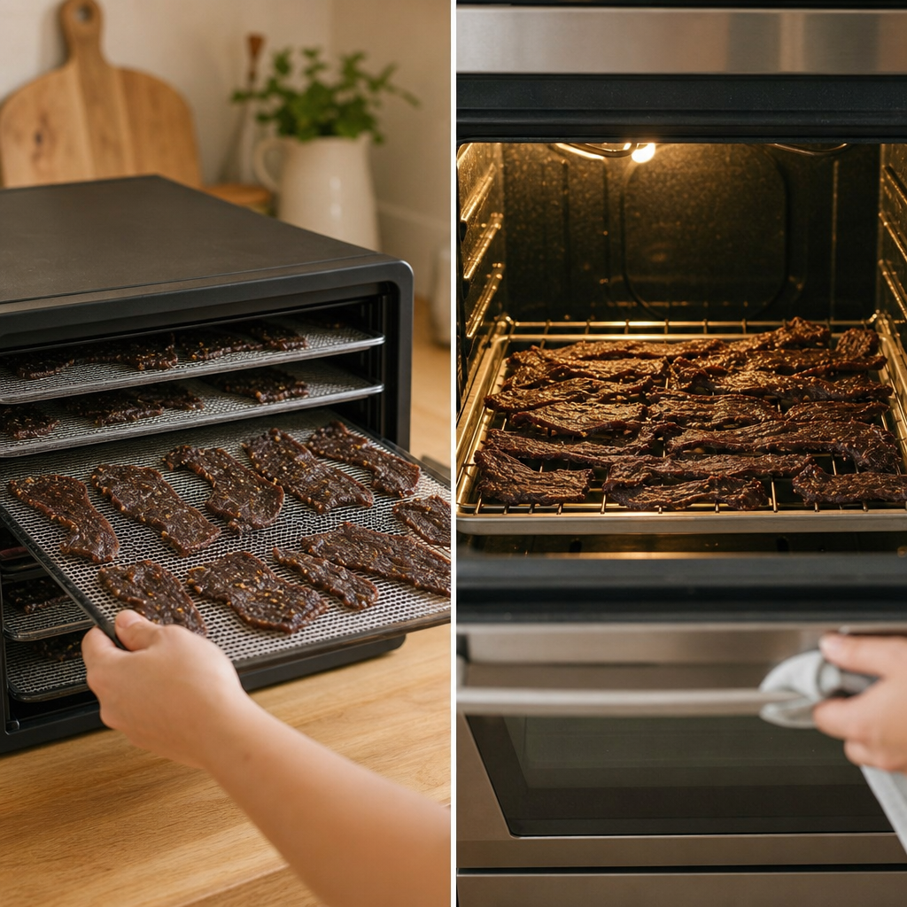 Step 5: Move strips to a dehydrator set at 135°F, or leave in the oven with the door slightly ajar, and dry until jerky is dry but pliable, 4–7 hours depending on thickness. (Rotate trays for even drying.)