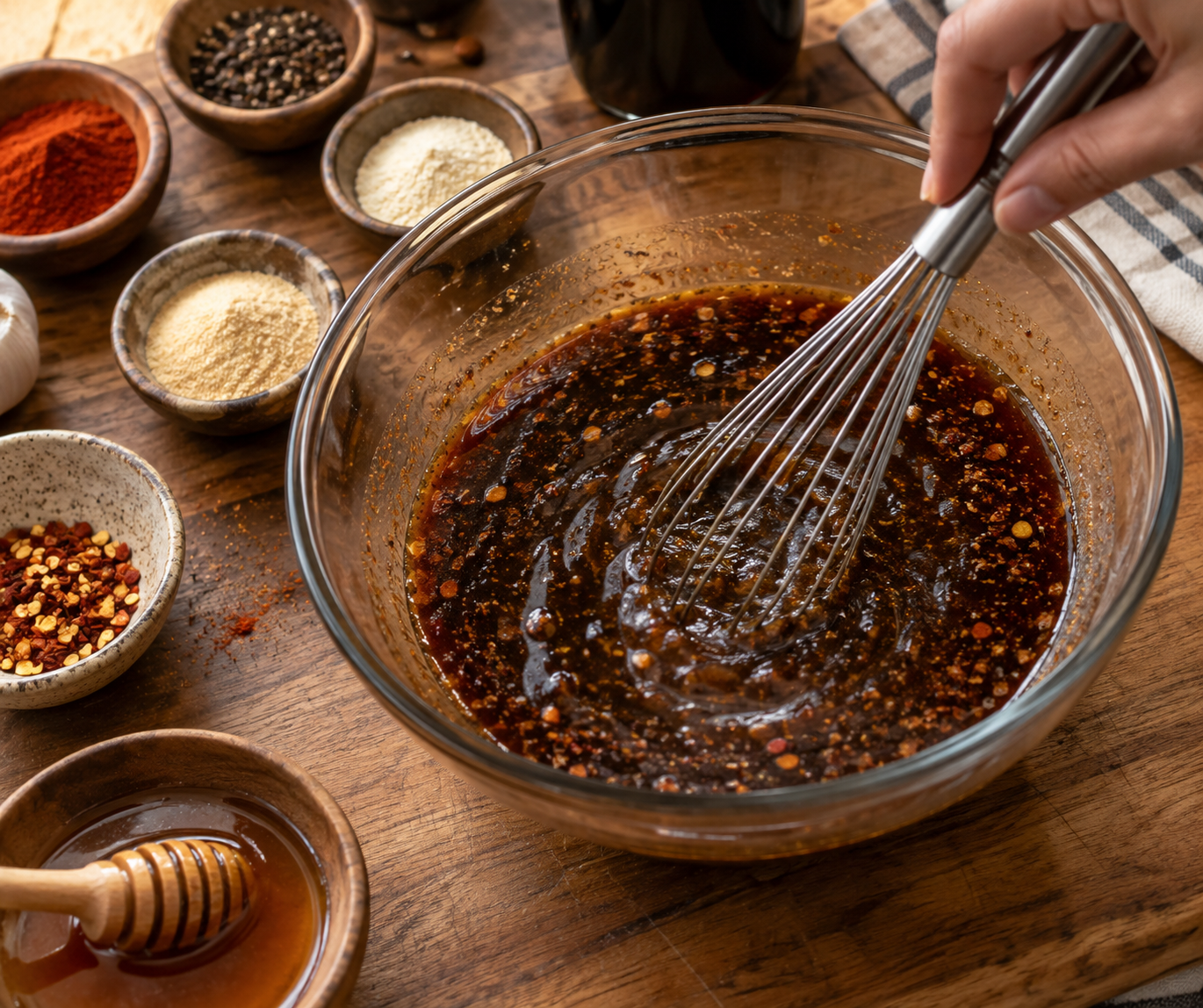 Whisking a Worcestershire soy jerky marinade