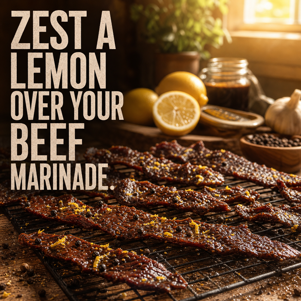 Strips of peppered beef jerky glistening with citrus zest on a kitchen rack with bright sunlight.